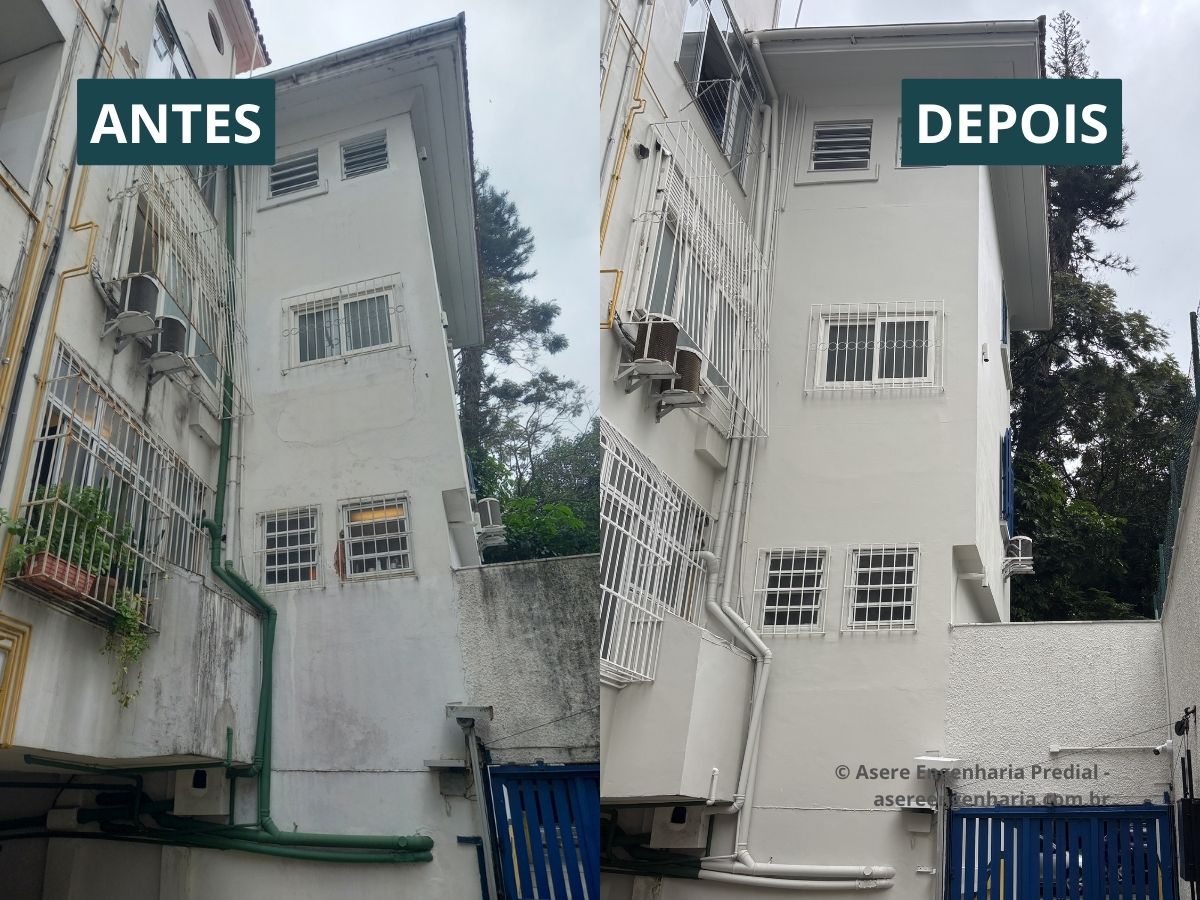 Antes e depois de reforma de fachada predial no Condomínio Camucim, Leblon
