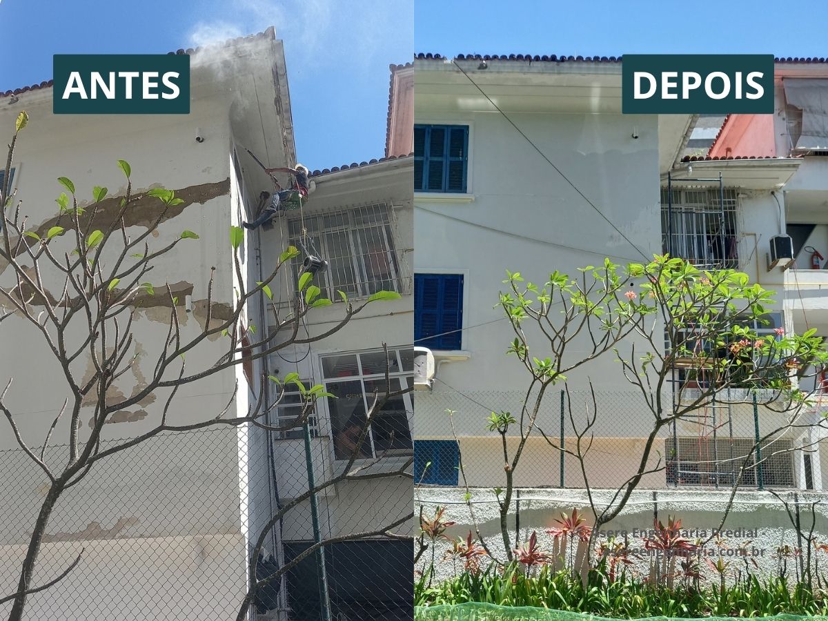 Antes e depois de recuperação de emboço na fachada dos fundos do Condomínio Camucim, Leblon