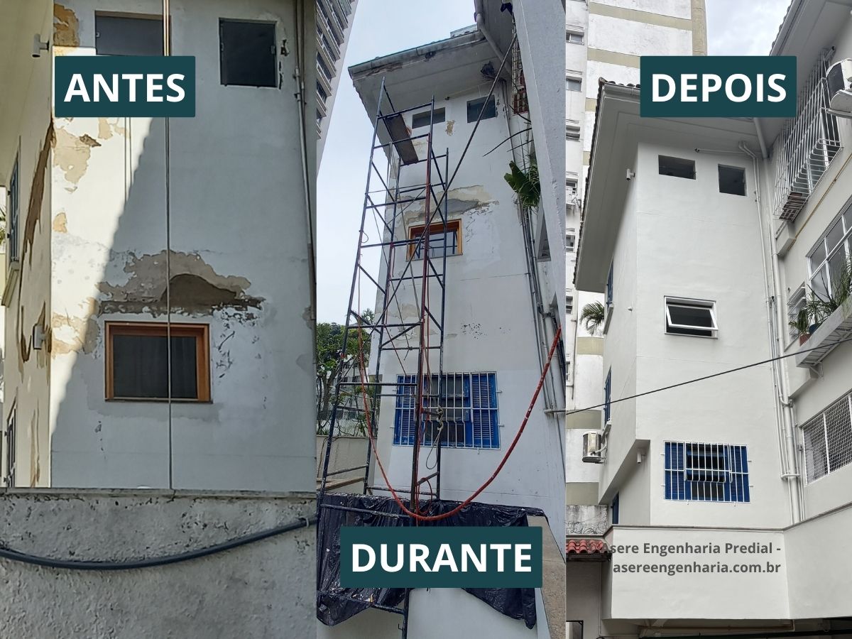 Antes, durante e depois da pintura de fachada predial em condomínio no Leblon, Rio de Janeiro