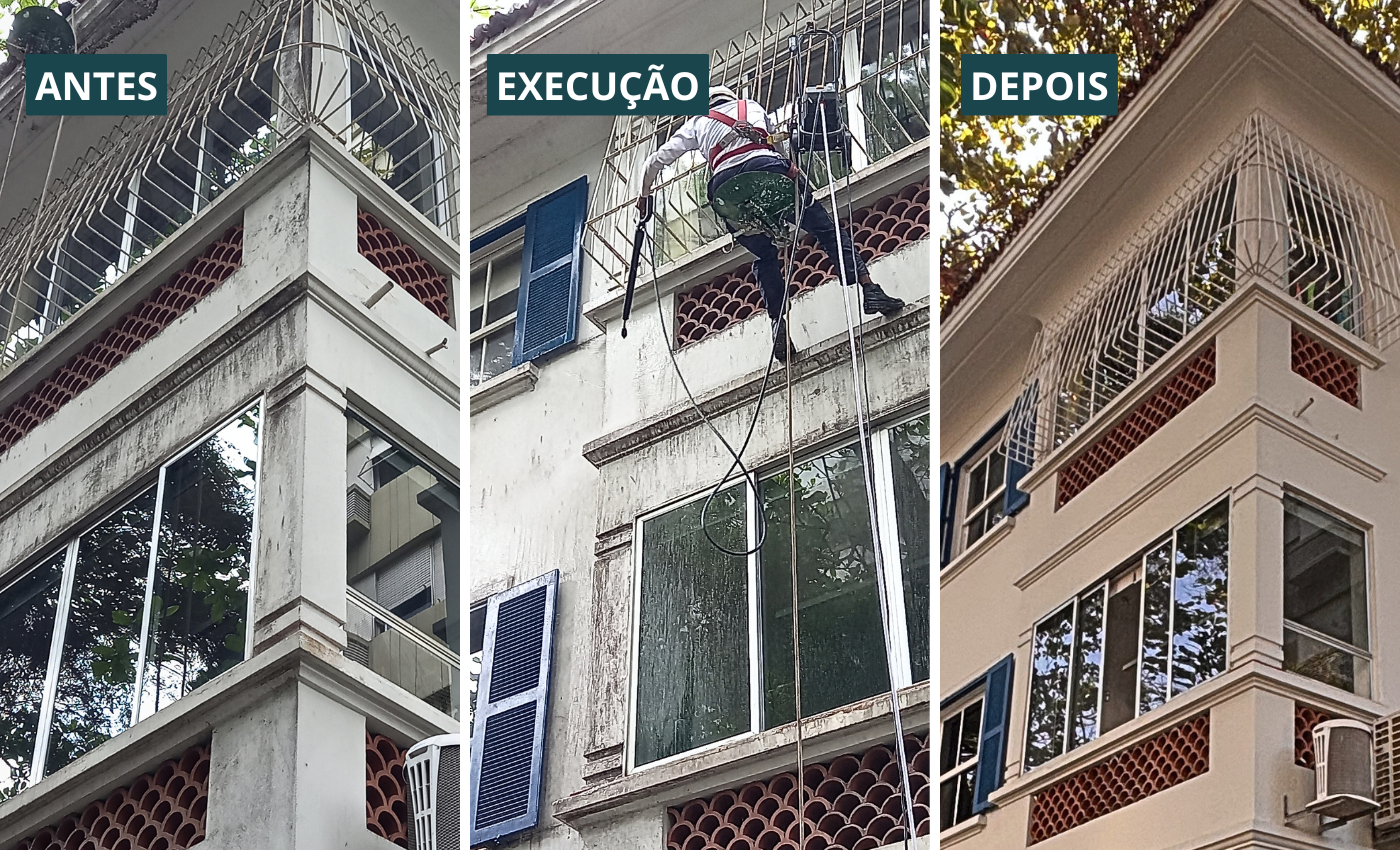 Antes, execução e depois da limpeza de fachada predial realizada pela ASERE.