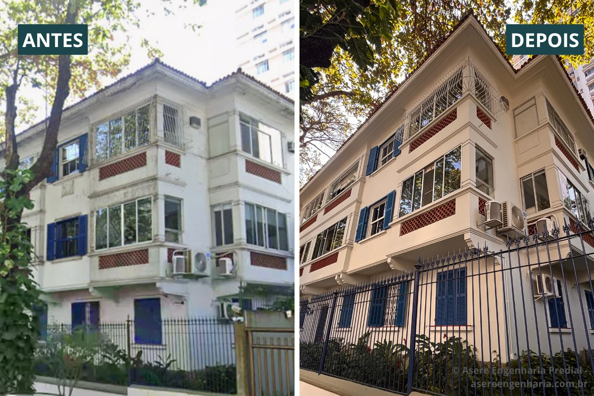 Antes e depois de recuperação e pintura de área externa de condomínio