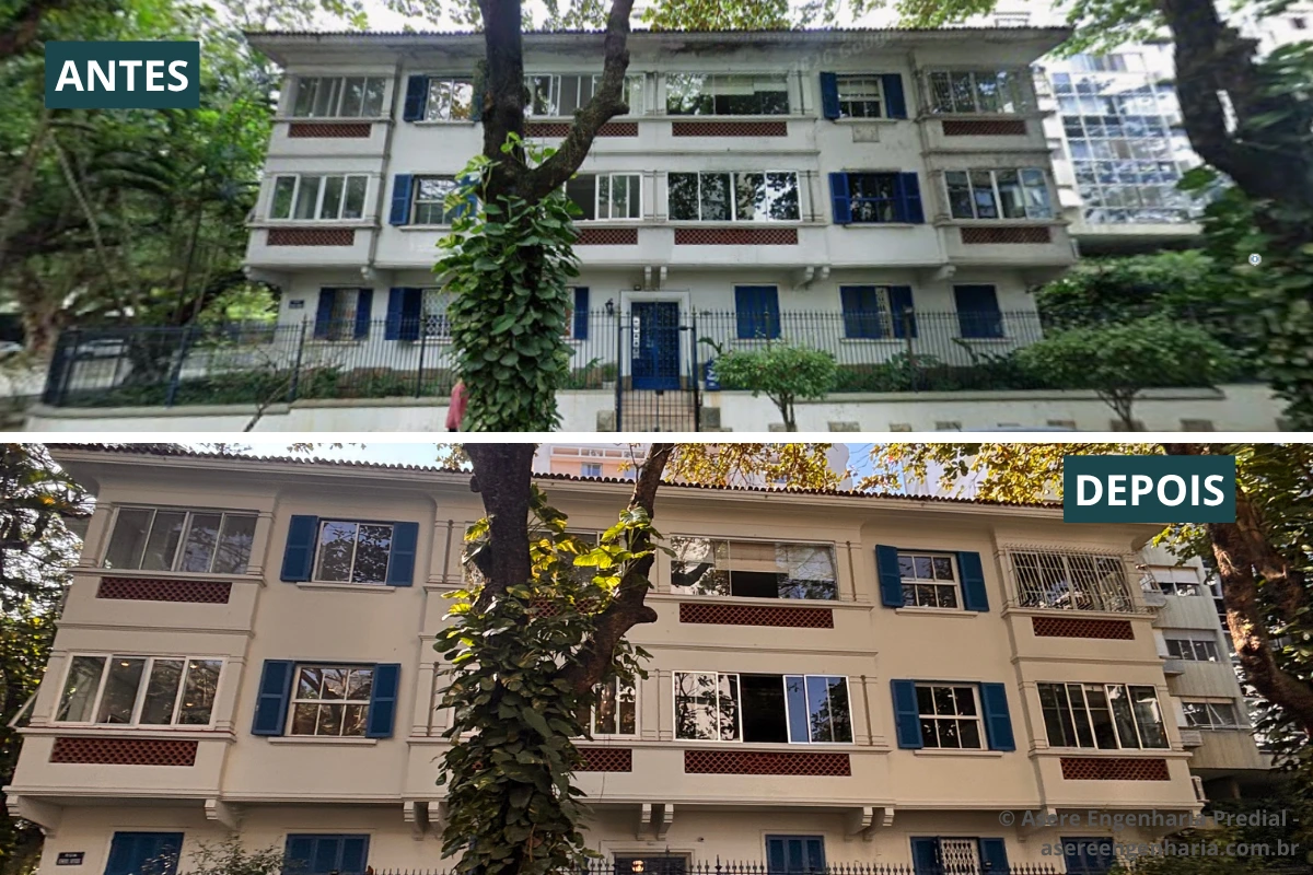 Antes e depois da recuperação de fachada de condomínio realizada pela ASERE