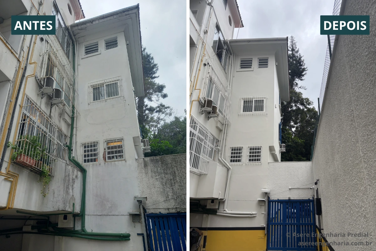 Antes e depois de recuperação e pintura de fachada executada pela ASERE