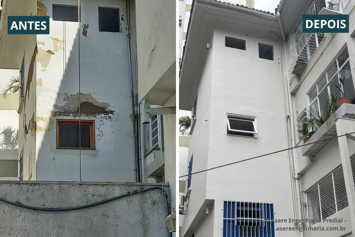 Antes e depois de reforma de fachada predial executada pela ASERE