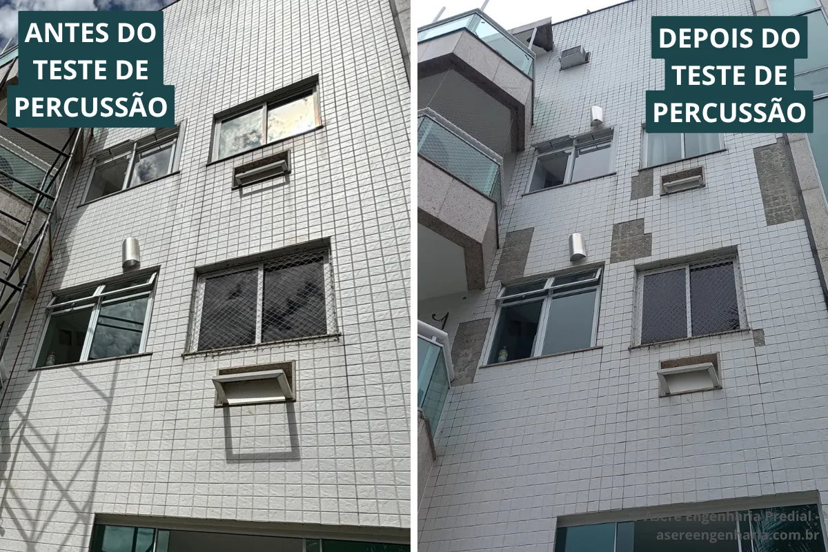 Antes e depois do teste de percussão em fachada com pontos de revestimento identificados