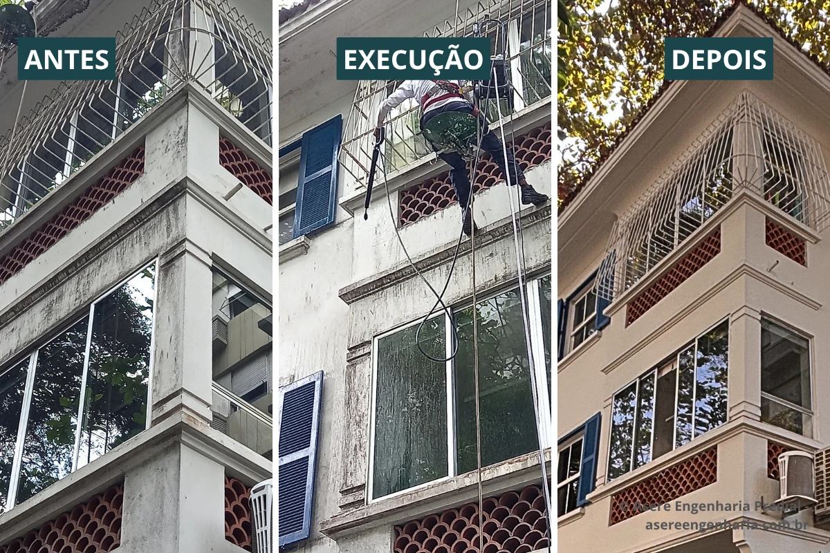 Antes, execução e depois de recuperação de fachada realizada pela ASERE