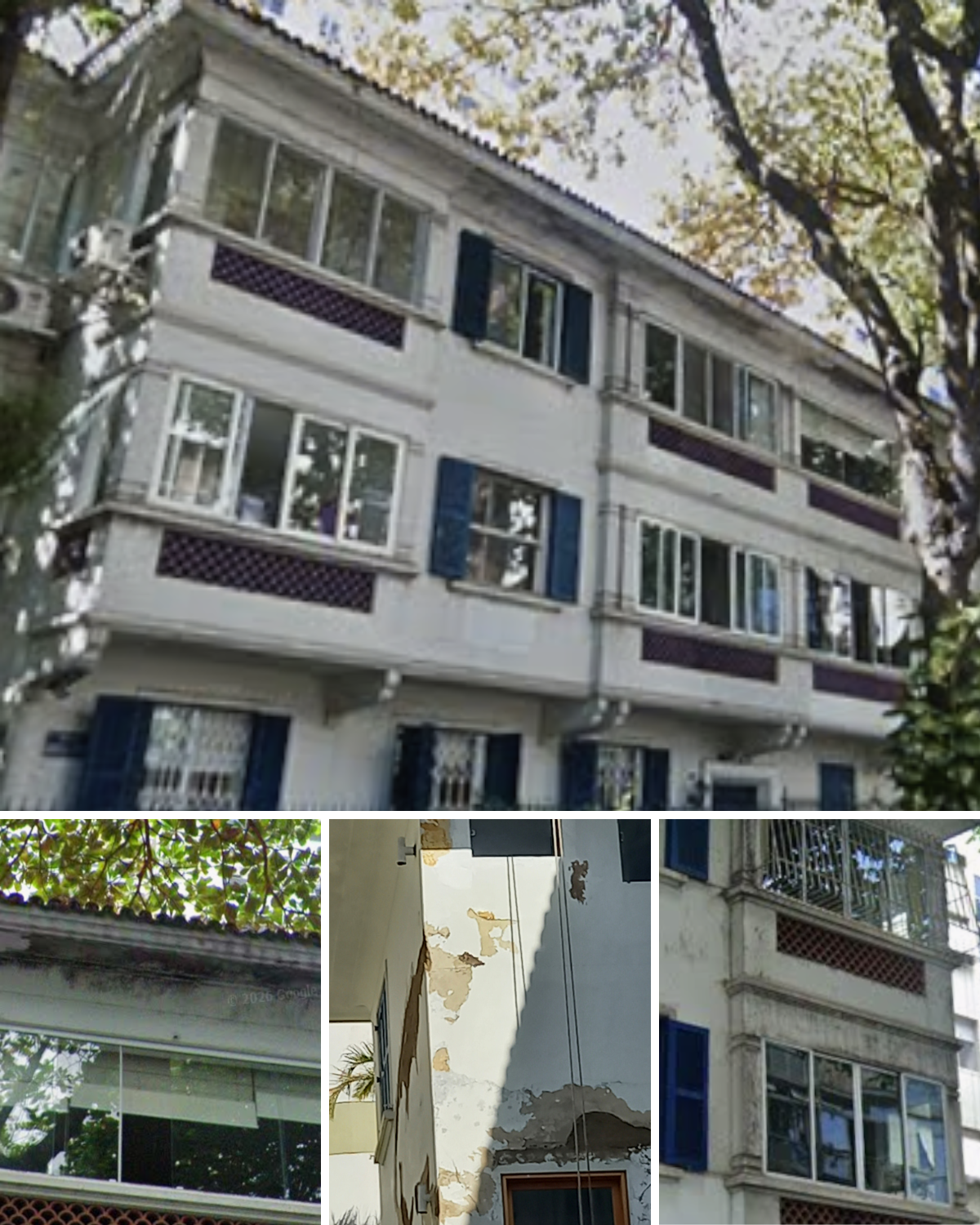 Fachada residencial no Leblon antes da recuperação, com infiltrações, desgaste do revestimento e pintura deteriorada
