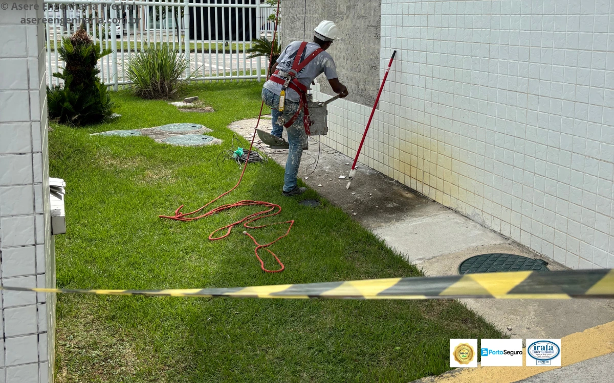 Mobilização da equipe e isolamento das áreas para teste de percussão em fachada no Recreio