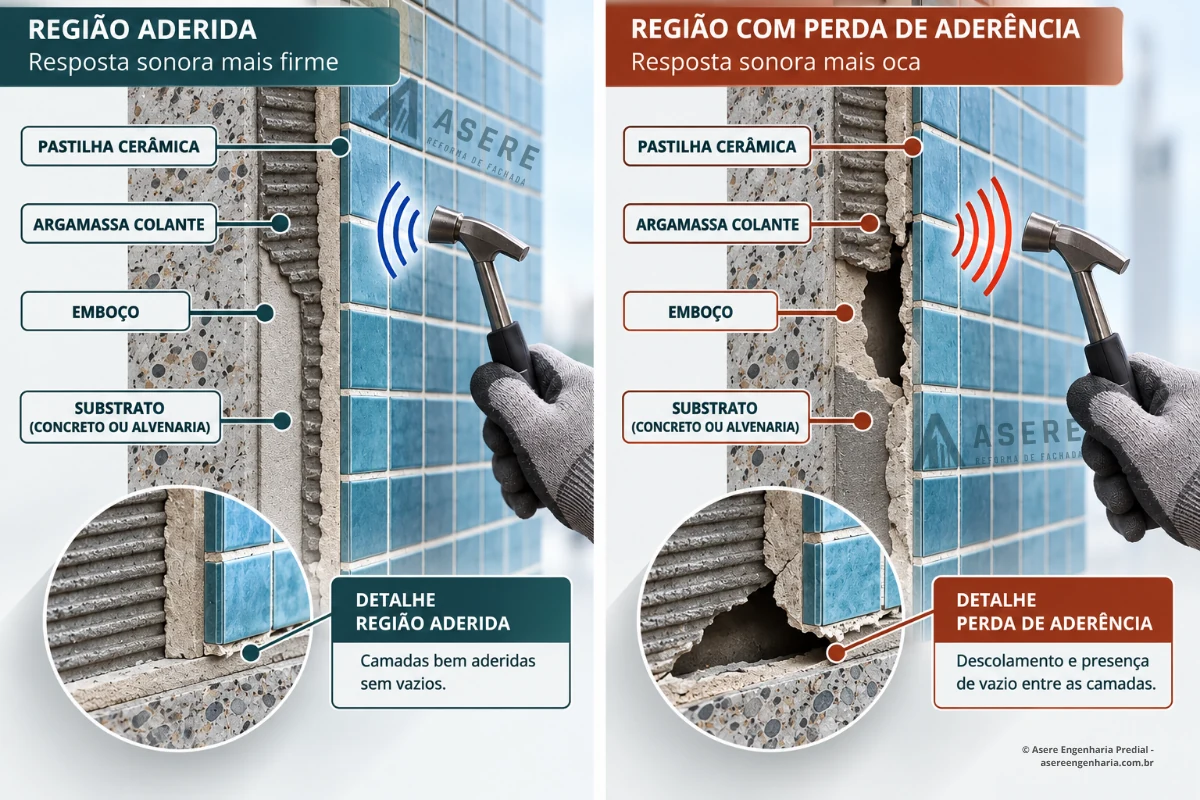 Infográfico explicando o teste de percussão em revestimento de fachada